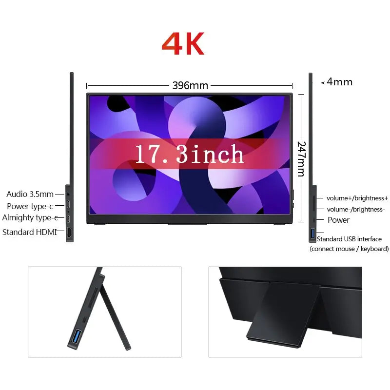 WEICHENSI 17.3'' 4K Portable Monitor Touchscreen 3840X2160 With Type-c USB HDMI-Compatible for Laptop Xbox Switch Gaming Display - Image