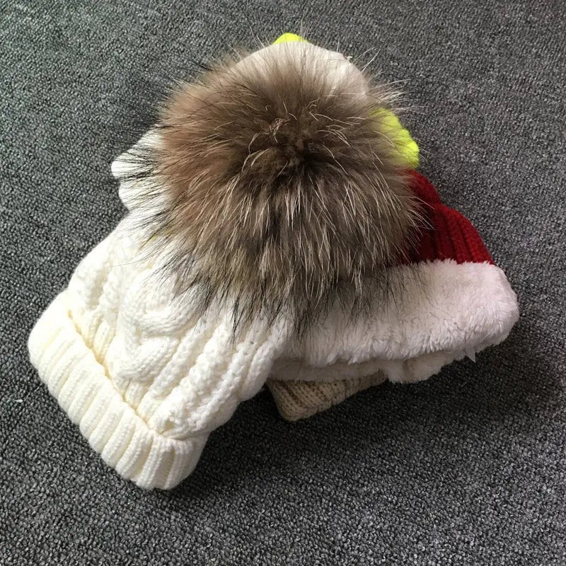Velvet Fleece Inside Beanies Winter Hats for women 100% Raccoon Fur Pompom Hat Female Twist pattern caps - Starttech Online Market