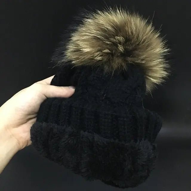 Velvet Fleece Inside Beanies Winter Hats for women 100% Raccoon Fur Pompom Hat Female Twist pattern caps - Starttech Online Market