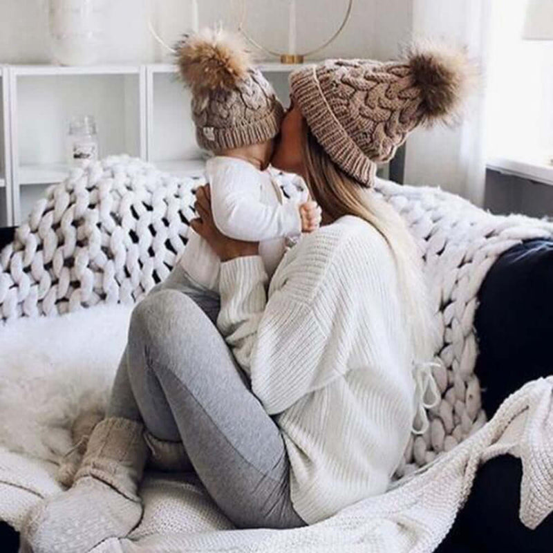 2Pcs Mom Baby Fur Pompom Hats Warm Winter Crochet Knit Wool Solid Color Beanie Caps For Women Boys Girls Matching Hats - Starttech Online Market