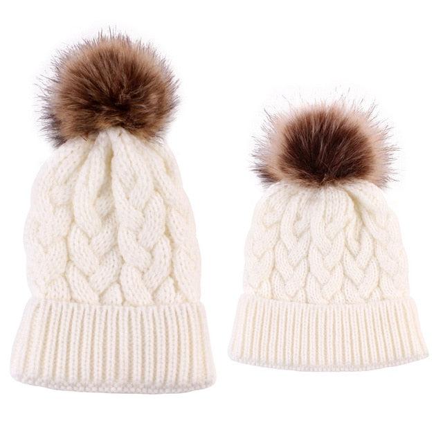 2Pcs Mom Baby Fur Pompom Hats Warm Winter Crochet Knit Wool Solid Color Beanie Caps For Women Boys Girls Matching Hats - Starttech Online Market