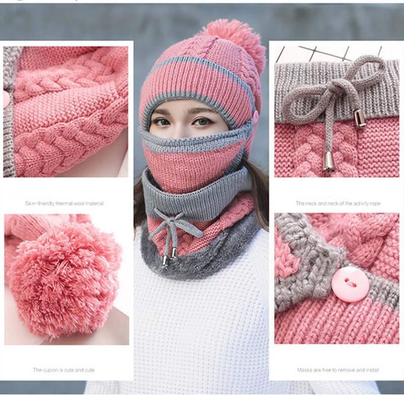 3 Set Women Winter Knitted Velvet Thick Hat Mask Ear Protector Warm Wool Hat - Starttech Online Market