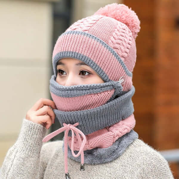 3 Set Women Winter Knitted Velvet Thick Hat Mask Ear Protector Warm Wool Hat - Starttech Online Market