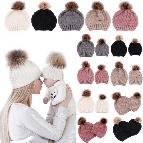 5 Colors Parent-child Caps with Pompon Warm Raccoon Fur Bobble Mommy Beanie Caps Kids Cotton Knitted Mom Baby Hat Winter Caps - Starttech Online Market