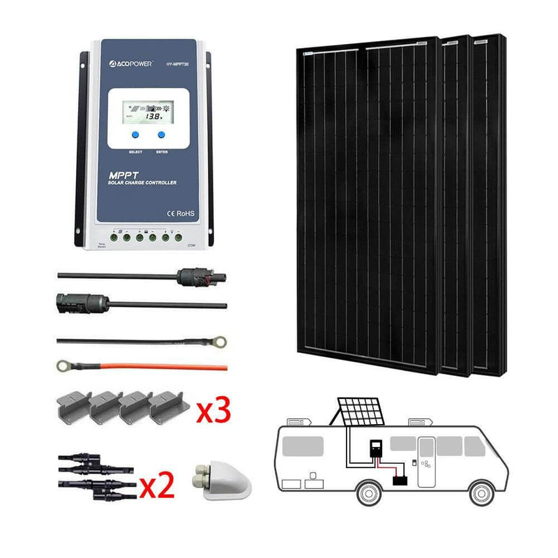 ACOPOWER 300W All Black Mono Solar RV Kits, 30A MPPT Charge Controller - Starttech Online Market