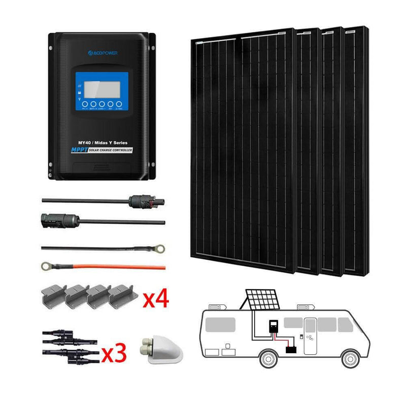 ACOPOWER 400W All Black Mono Solar RV Kits, 40A MPPT Charge Controller - Starttech Online Market