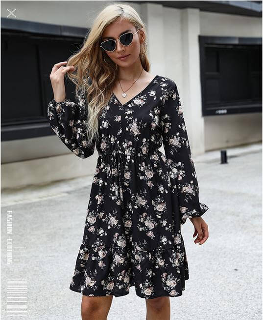 Autumn New Flower Print V-Neck Long Sleeved With Lace A-line Women's Dress - Starttech Online Market