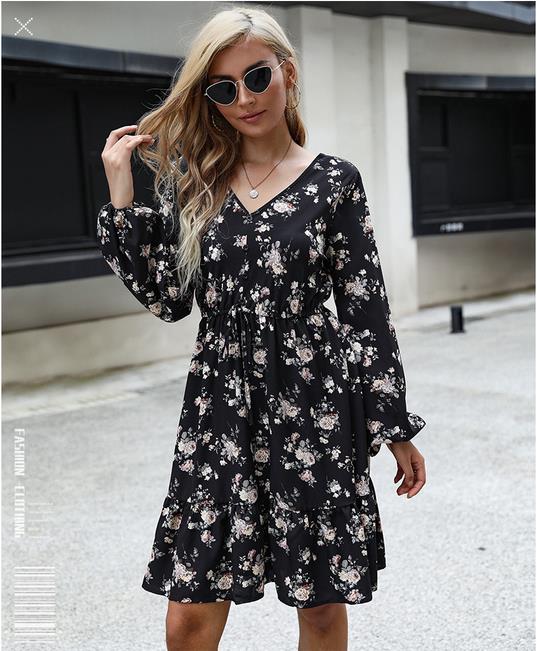 Autumn New Flower Print V-Neck Long Sleeved With Lace A-line Women's Dress - Starttech Online Market