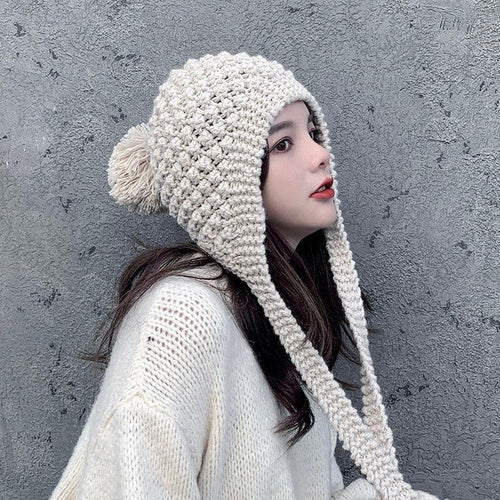 Autumn Winter Handwork Knitting Cotton Hat Girls Thick Warm Ear Protector Bomber Hats - Starttech Online Market