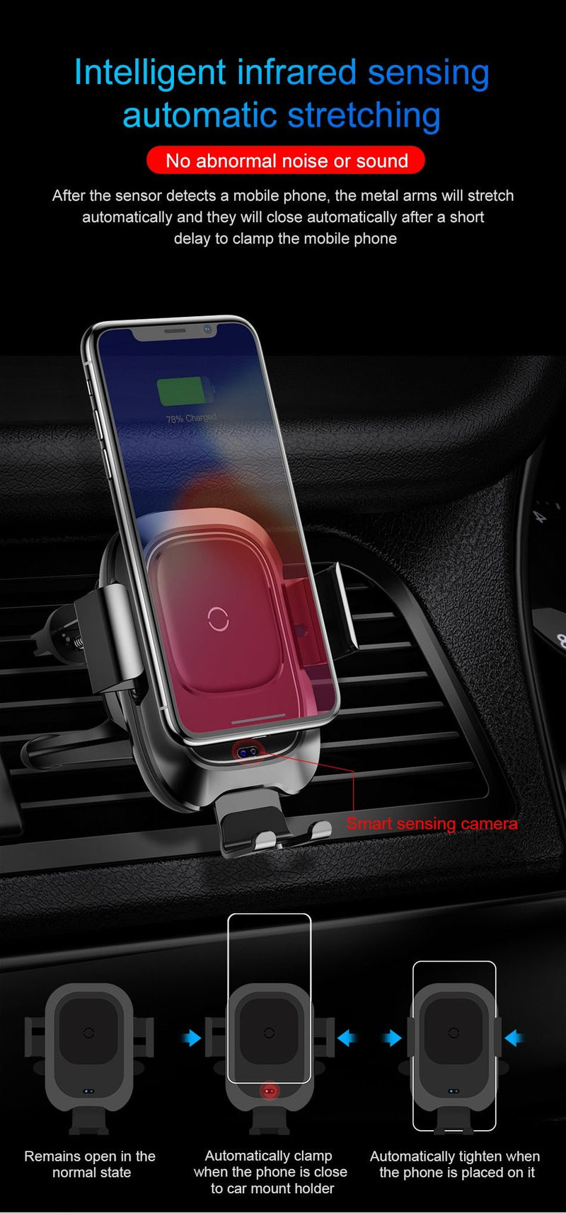 Baseus Qi Car Wireless Charger For iPhone Xs Max Xr X Samsung S10 S9 Intelligent Infrared Fast Wirless Charging Car Phone Holder - Starttech Online Market