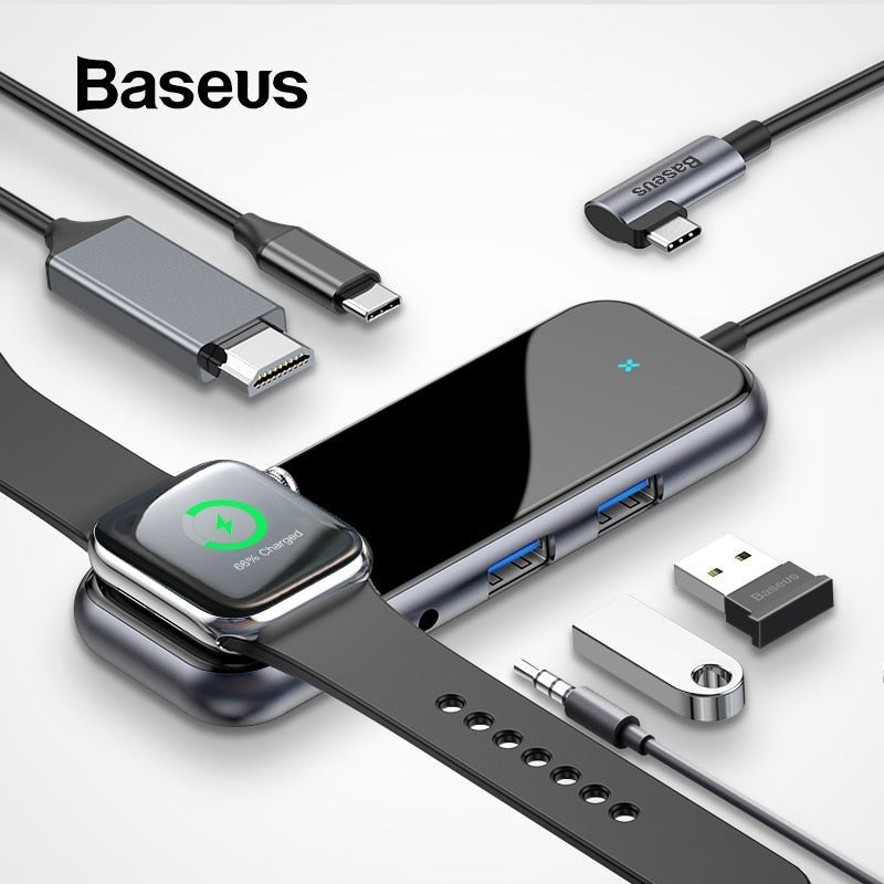 Baseus USB C HUB to USB 3.0 HDMI RJ45 Adapter for MacBook Pro Air Multi Type C HUB with Wireless Charge for iWatch USB-C HUB - Starttech Online Market