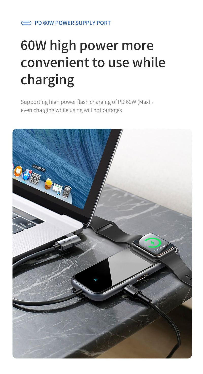 Baseus USB C HUB to USB 3.0 HDMI RJ45 Adapter for MacBook Pro Air Multi Type C HUB with Wireless Charge for iWatch USB-C HUB - Starttech Online Market