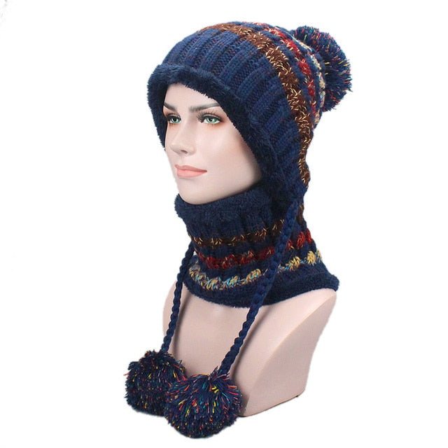 Beanies Knitted Skullies Hats Two-piece Scarf Set Women's Hat Autumn And Winter Warm Unisex Solid Colour Striped - Starttech Online Market