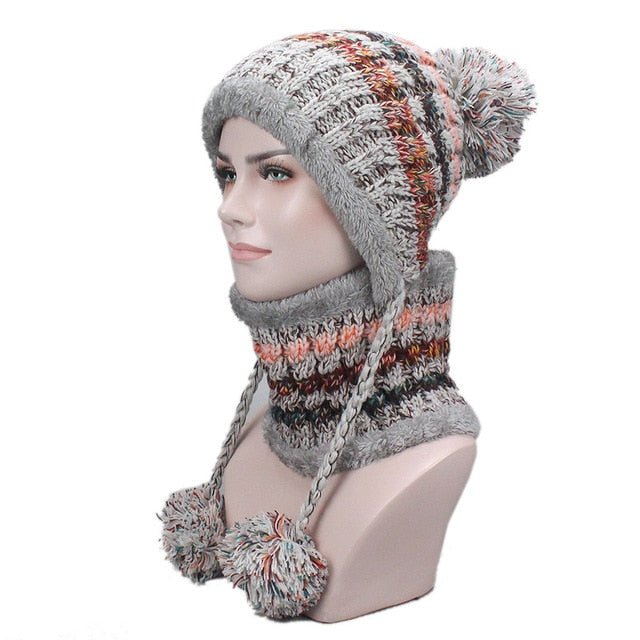 Beanies Knitted Skullies Hats Two-piece Scarf Set Women's Hat Autumn And Winter Warm Unisex Solid Colour Striped - Starttech Online Market