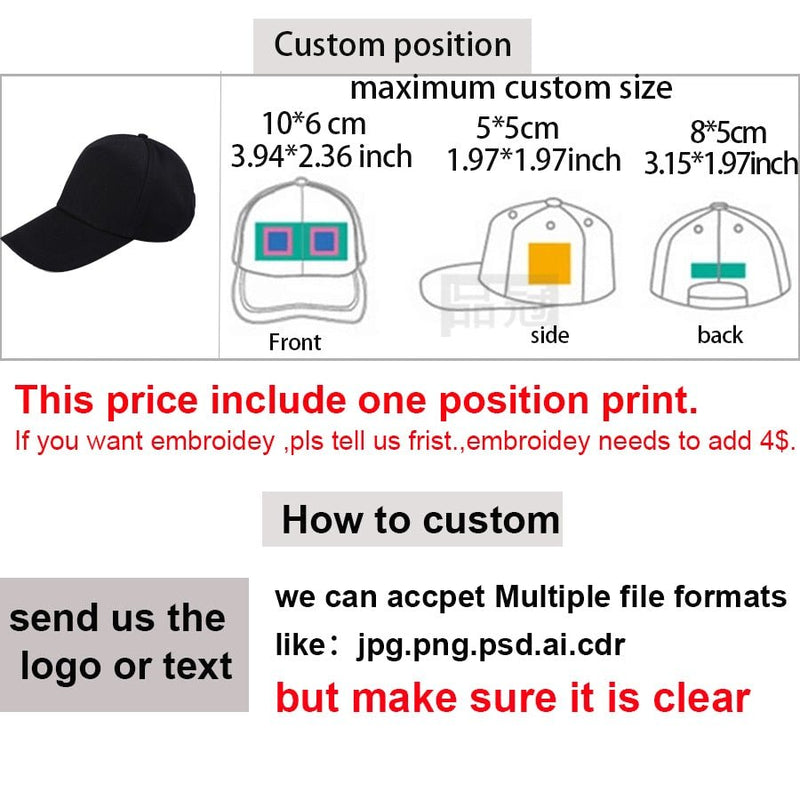 Custom baseball cap print logo text photo embroidery gorra casual solid hats pure color black cap Snapback caps for men women - Starttech Online Market