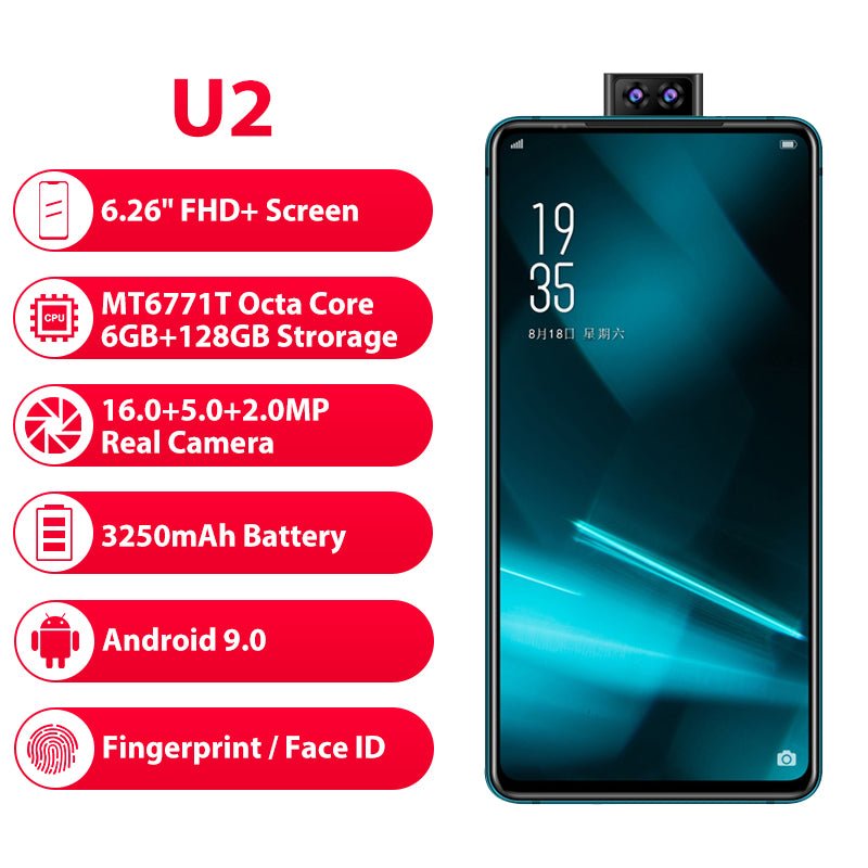 Elephone U2 16MP Pop Up Camera Mobile phone Android 9.0 MT6771T Octa Core 6GB+128G 6.26" FHD+ Screen Face ID 4G LTE Smartphone - Starttech Online Market