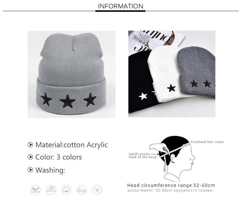 Embroidery Hip Hop Knitted Hat Women's Winter Cap Outdoor Stars Bonnet Solid Color Ski Hat Female Spring Autumn Skullies Beanies - Starttech Online Market