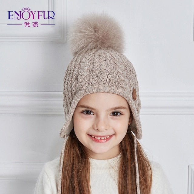 ENJOYFUR Ages 2-8 baby hat Children Winter Hats For Girls&Boy Cotton Thick Warm Knitted Ears Beanie Fox Fur Pompom Cap - Starttech Online Market