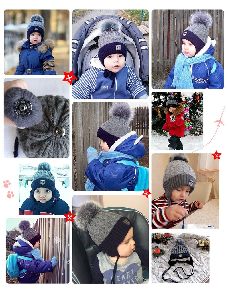 ENJOYFUR Winter baby Hats Real Fox Fur Pompom Hat Knitted Boy Cap Cotton Protect The Ears Hat Warm Thick Kids Beanies - Starttech Online Market