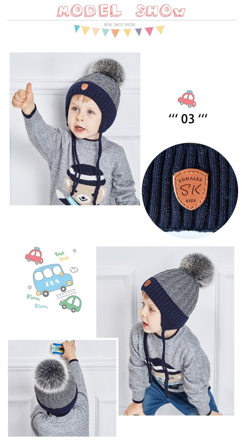 ENJOYFUR Winter baby Hats Real Fox Fur Pompom Hat Knitted Boy Cap Cotton Protect The Ears Hat Warm Thick Kids Beanies - Starttech Online Market