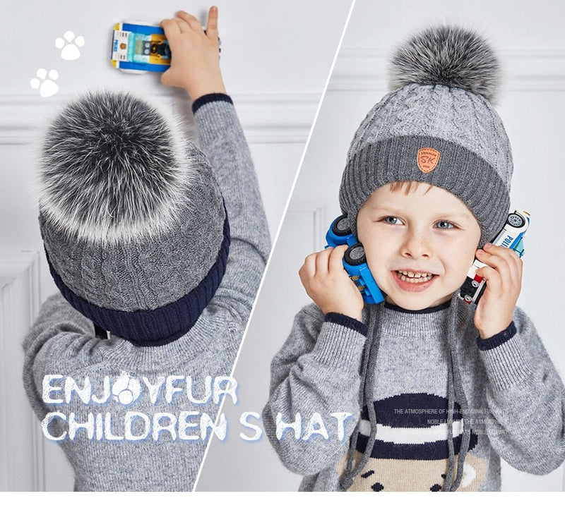 ENJOYFUR Winter baby Hats Real Fox Fur Pompom Hat Knitted Boy Cap Cotton Protect The Ears Hat Warm Thick Kids Beanies - Starttech Online Market