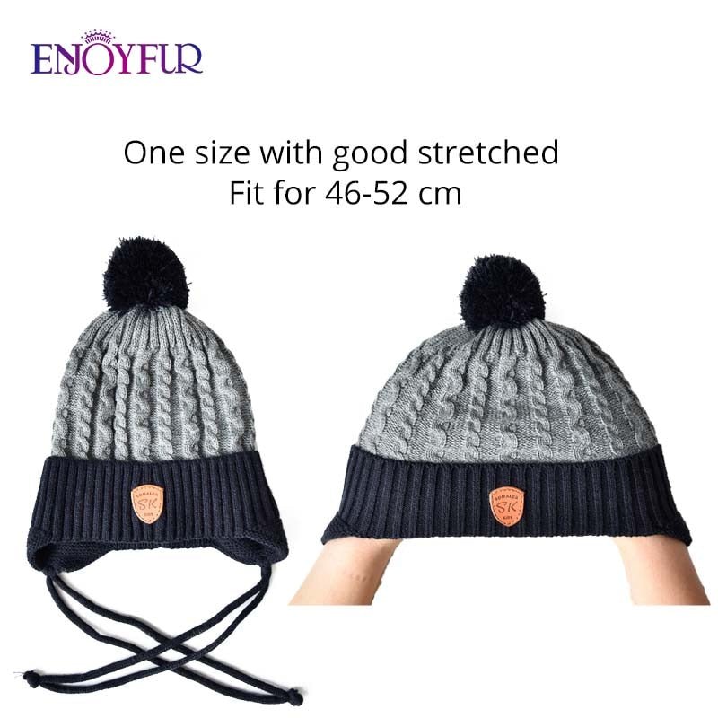 ENJOYFUR Winter baby Hats Real Fox Fur Pompom Hat Knitted Boy Cap Cotton Protect The Ears Hat Warm Thick Kids Beanies - Starttech Online Market