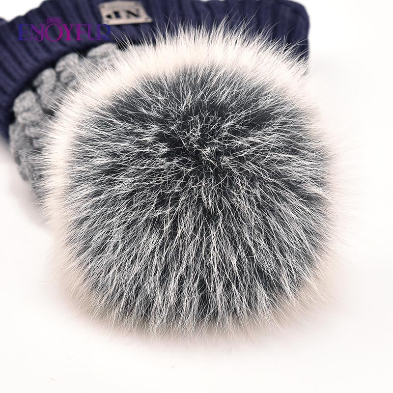ENJOYFUR Winter baby Hats Real Fox Fur Pompom Hat Knitted Boy Cap Cotton Protect The Ears Hat Warm Thick Kids Beanies - Starttech Online Market