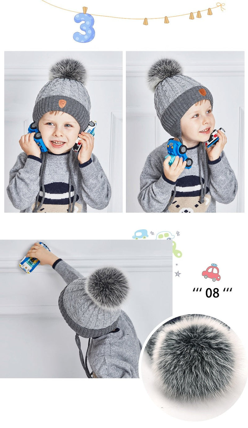 ENJOYFUR Winter baby Hats Real Fox Fur Pompom Hat Knitted Boy Cap Cotton Protect The Ears Hat Warm Thick Kids Beanies - Starttech Online Market
