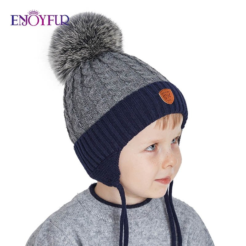 ENJOYFUR Winter baby Hats Real Fox Fur Pompom Hat Knitted Boy Cap Cotton Protect The Ears Hat Warm Thick Kids Beanies - Starttech Online Market