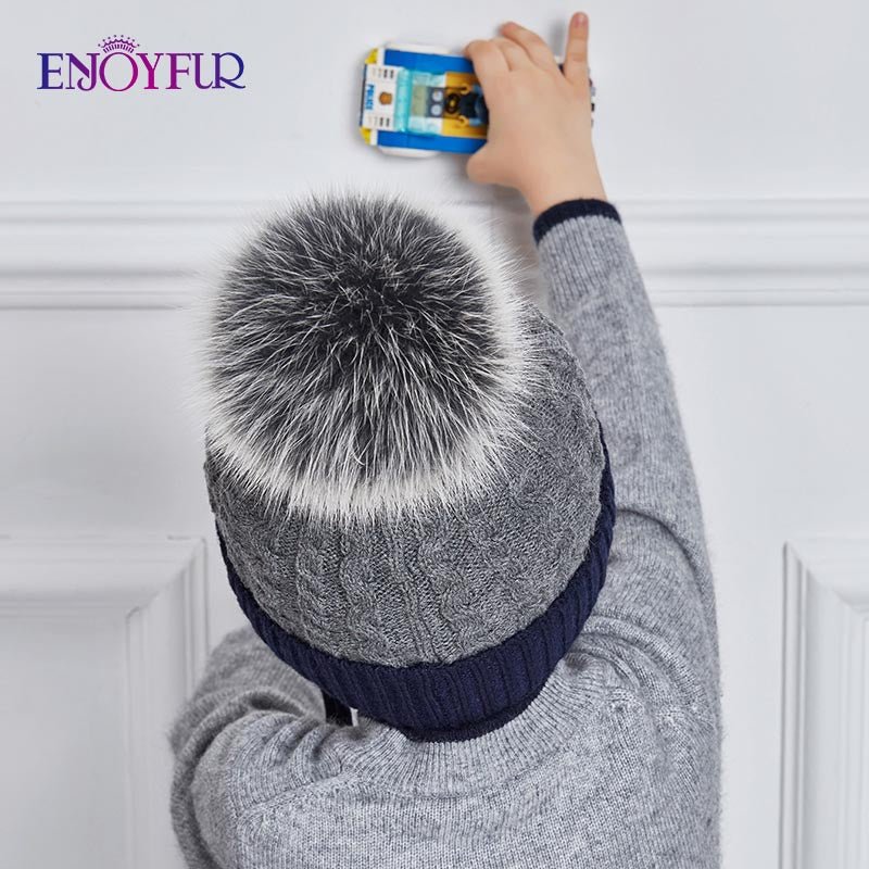 ENJOYFUR Winter baby Hats Real Fox Fur Pompom Hat Knitted Boy Cap Cotton Protect The Ears Hat Warm Thick Kids Beanies - Starttech Online Market