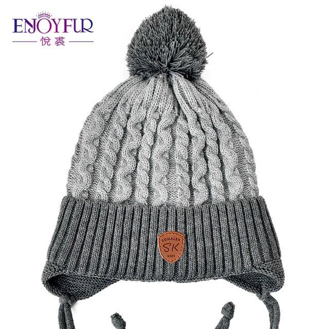 ENJOYFUR Winter baby Hats Real Fox Fur Pompom Hat Knitted Boy Cap Cotton Protect The Ears Hat Warm Thick Kids Beanies - Starttech Online Market