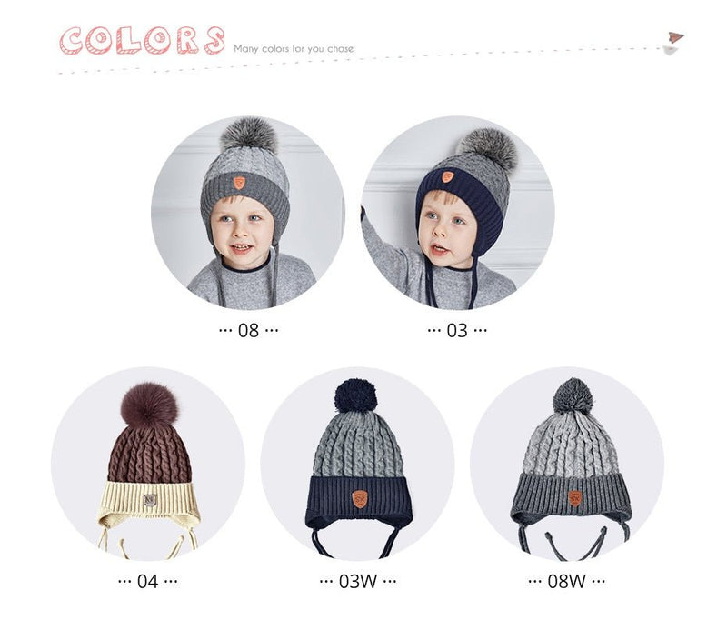 ENJOYFUR Winter baby Hats Real Fox Fur Pompom Hat Knitted Boy Cap Cotton Protect The Ears Hat Warm Thick Kids Beanies - Starttech Online Market