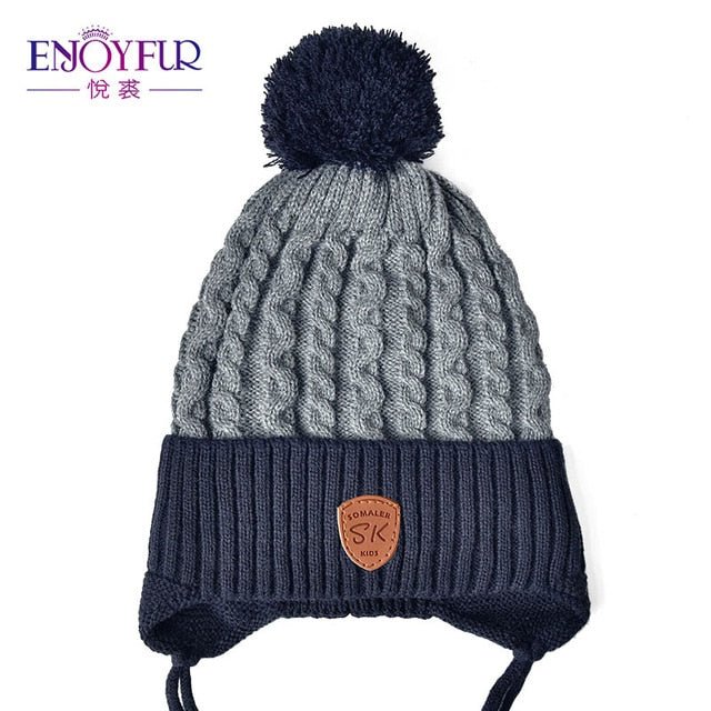 ENJOYFUR Winter baby Hats Real Fox Fur Pompom Hat Knitted Boy Cap Cotton Protect The Ears Hat Warm Thick Kids Beanies - Starttech Online Market