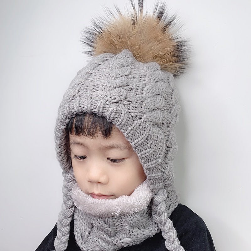 Fur Pompom Beanie Kids Baby Winter Hat Fleece Inside Ear Protection Crochet Cap Warm Knitted Hat And Scarf Set For Children - Starttech Online Market
