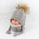Fur Pompom Beanie Kids Baby Winter Hat Fleece Inside Ear Protection Crochet Cap Warm Knitted Hat And Scarf Set For Children - Starttech Online Market