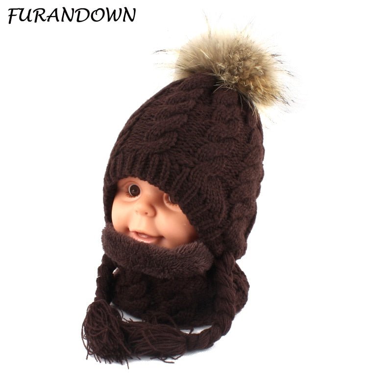 Fur Pompom Beanie Kids Baby Winter Hat Fleece Inside Ear Protection Crochet Cap Warm Knitted Hat And Scarf Set For Children - Starttech Online Market
