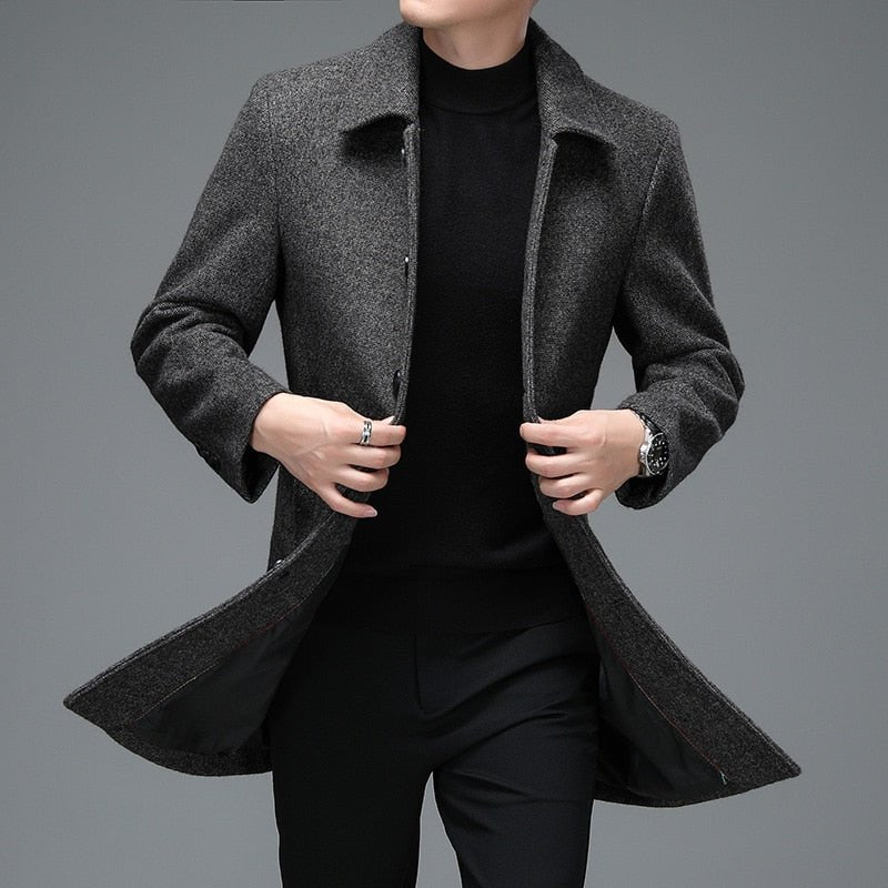High Quality Men's Winter Jackets Business Casual Woollen Long Overcoat Turn Down Collar Wool Blends - Starttech Online Market