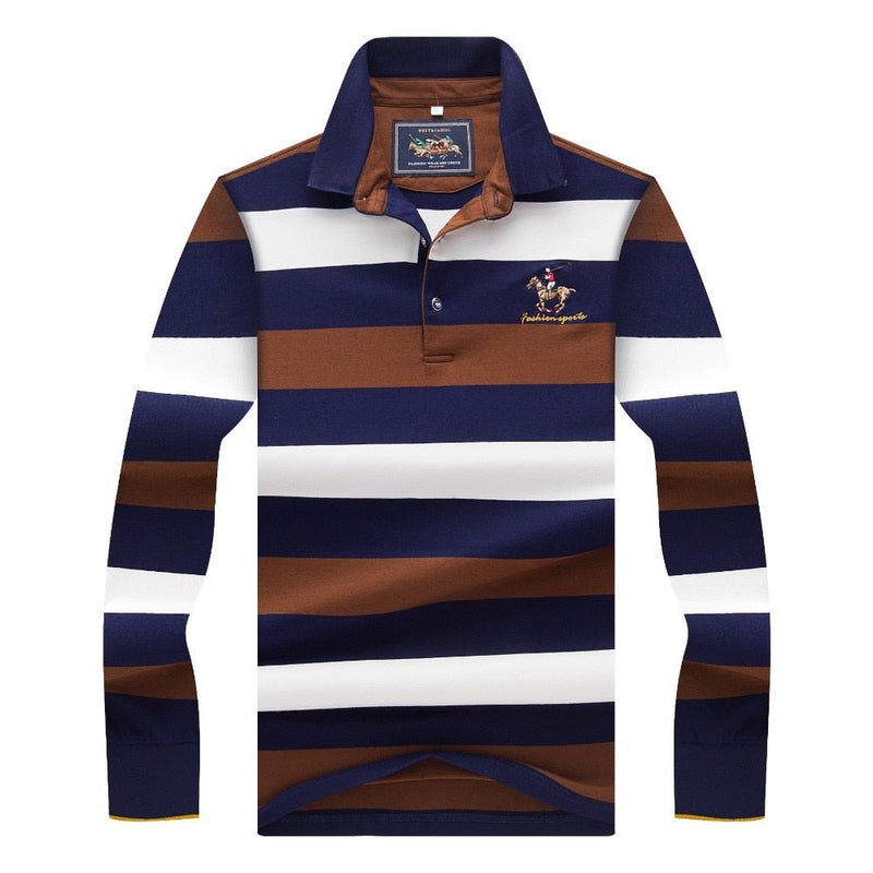 Hollirtiger 2019 Autumn Spring Mens POLO Shirt Male Turn-down Collar Cotton Polo Shirt Men Long Sleeve Stripes Embroidered Tees - Starttech Online Market