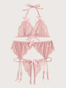 Lace Butterfly Bra Panty Garter Belt Bikini Three-piece Set - Starttech Online Market