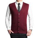 Man Retro Sweater Vest Red Gray V-neck Single Breasted Knitted Waistcoat Male Sleeveless Jacquard Knitwear Autumn Spring Gilet - Starttech Online Market