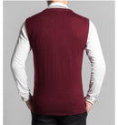 Man Retro Sweater Vest Red Gray V-neck Single Breasted Knitted Waistcoat Male Sleeveless Jacquard Knitwear Autumn Spring Gilet - Starttech Online Market