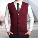 Man Retro Sweater Vest Red Gray V-neck Single Breasted Knitted Waistcoat Male Sleeveless Jacquard Knitwear Autumn Spring Gilet - Starttech Online Market
