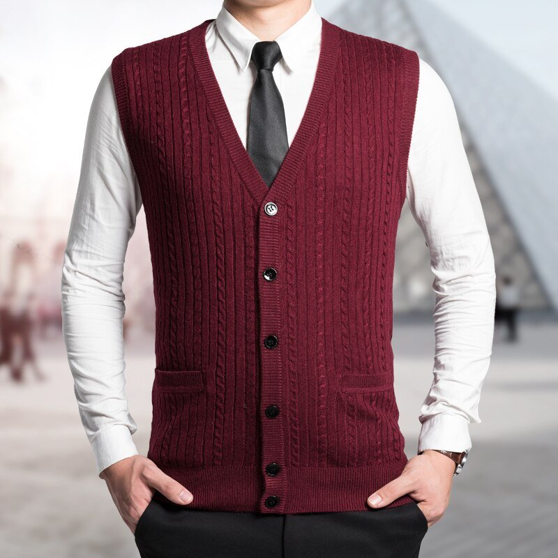 Man Retro Sweater Vest Red Gray V-neck Single Breasted Knitted Waistcoat Male Sleeveless Jacquard Knitwear Autumn Spring Gilet - Starttech Online Market