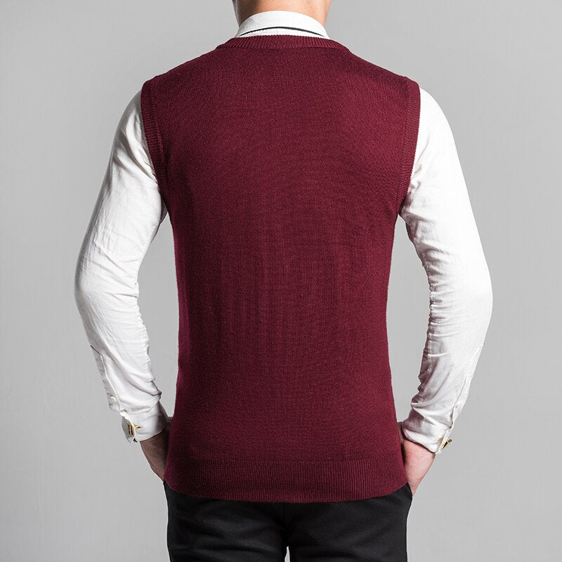 Man Retro Sweater Vest Red Gray V-neck Single Breasted Knitted Waistcoat Male Sleeveless Jacquard Knitwear Autumn Spring Gilet - Starttech Online Market