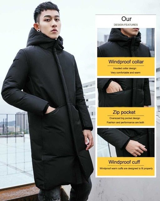Men's Long Winter Down Jacket Cotton Padded Thick Cold Protection - Starttech Online Market