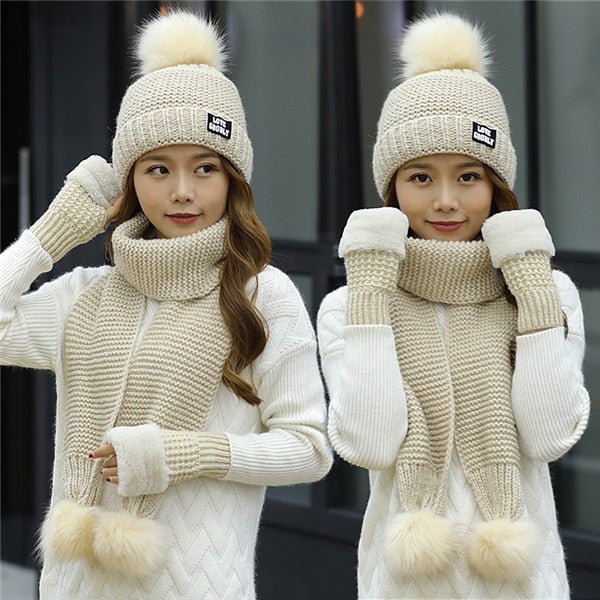 New Women Winter Hat Scarf /Gloves Sets Three Piece Knitted Hats Scarf Sets for Girls - Starttech Online Market