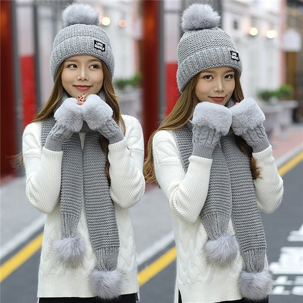 New Women Winter Hat Scarf /Gloves Sets Three Piece Knitted Hats Scarf Sets for Girls - Starttech Online Market