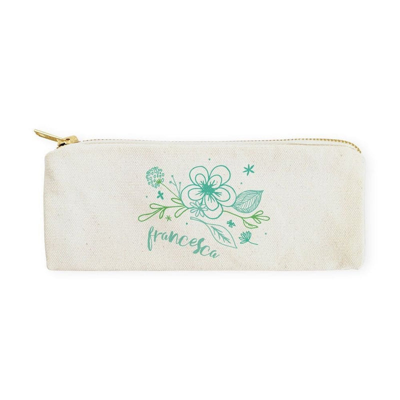 Personalized Name Aqua Floral Cotton Canvas Pencil Case and Travel Pouch - Starttech Online Market