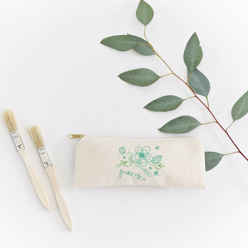 Personalized Name Aqua Floral Cotton Canvas Pencil Case and Travel Pouch - Starttech Online Market
