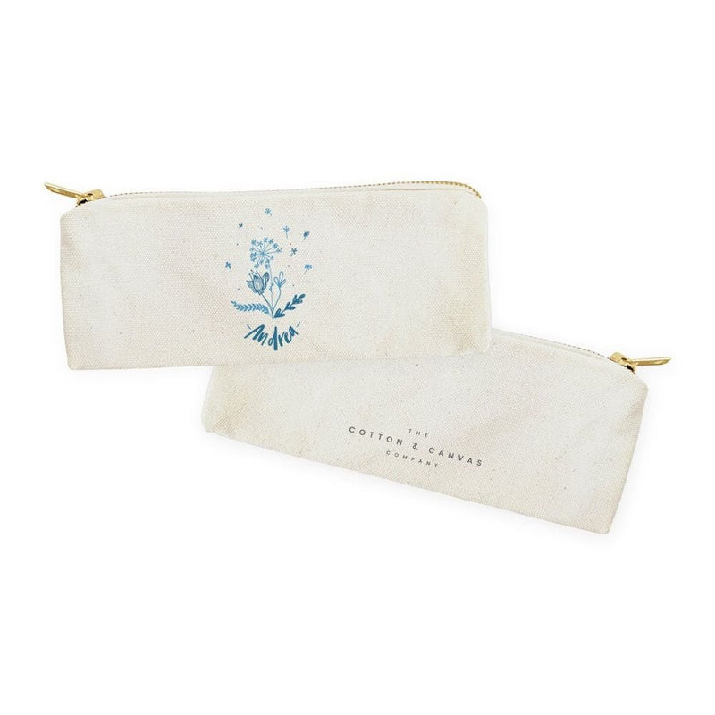 Personalized Name Blue Floral Cotton Canvas Pencil Case and Travel Pouch - Starttech Online Market